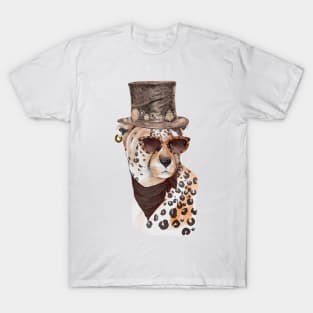 Big Cat with Spots Wearing Top Hat and Leopard Print Sunglasses T-Shirt